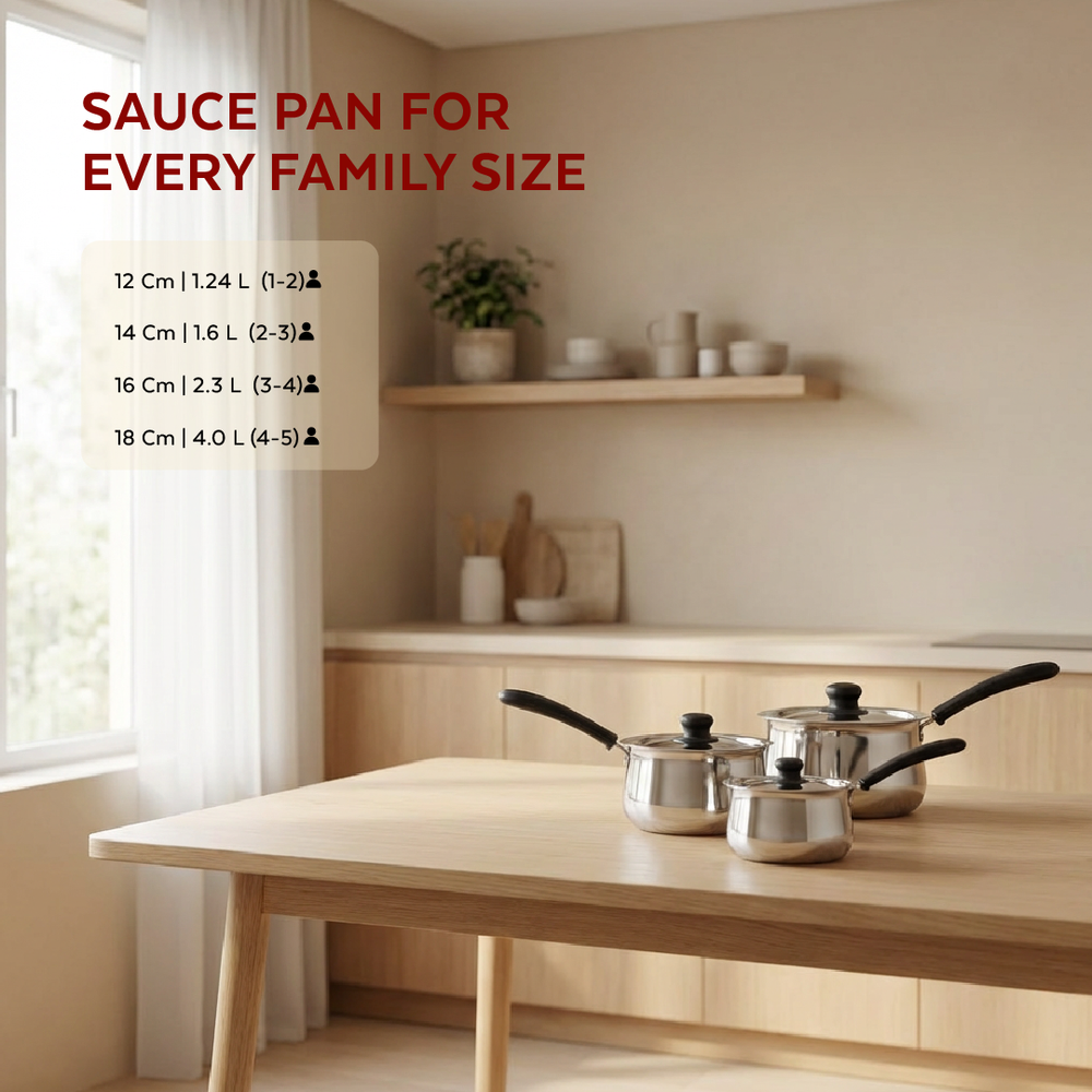 Wave Stainless Steel Sauce Pan:Tea, Milk, Soup, Maggie Pan, Sustainable, Gas & Induction Compatible, StayCool + Handle | 12CM / 14CM / 16CM / 18CM