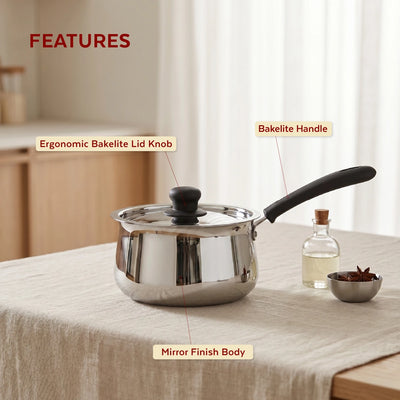 Wave Stainless Steel Sauce Pan:Tea, Milk, Soup, Maggie Pan, Sustainable, Gas & Induction Compatible, StayCool + Handle | 12CM / 14CM / 16CM / 18CM
