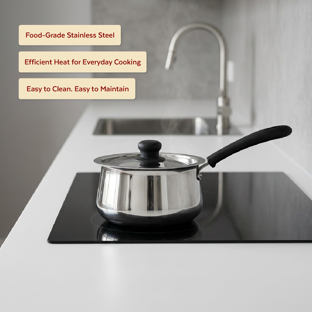 Wave Stainless Steel Sauce Pan:Tea, Milk, Soup, Maggie Pan, Sustainable, Gas & Induction Compatible, StayCool + Handle | 12CM / 14CM / 16CM / 18CM