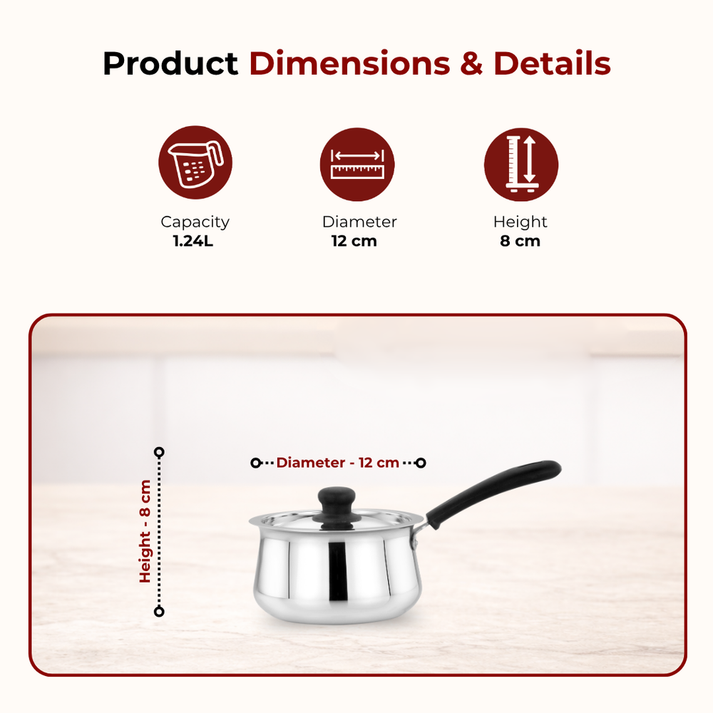 Wave Stainless Steel Sauce Pan:Tea, Milk, Soup, Maggie Pan, Sustainable, Gas & Induction Compatible, StayCool + Handle | 12CM / 14CM / 16CM / 18CM