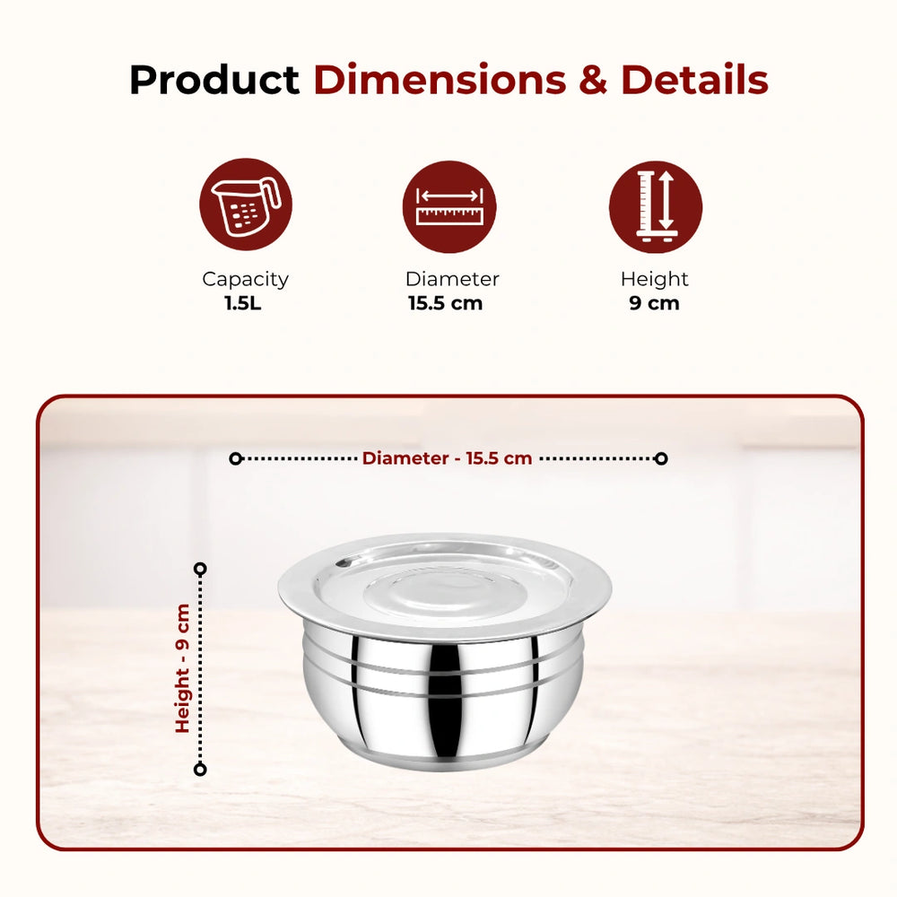 Smart Handi set with lid 2 pcs (1.5L & 2L) Stainless Steel Mirror Finish Serving Bowls, Food Grade Steel Curry & Rice Handi, Durable Kitchen Storage & Serving Utensils