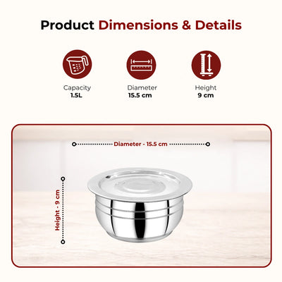 Smart Handi set with lid 2 pcs (1.5L & 2L) Stainless Steel Mirror Finish Serving Bowls, Food Grade Steel Curry & Rice Handi, Durable Kitchen Storage & Serving Utensils