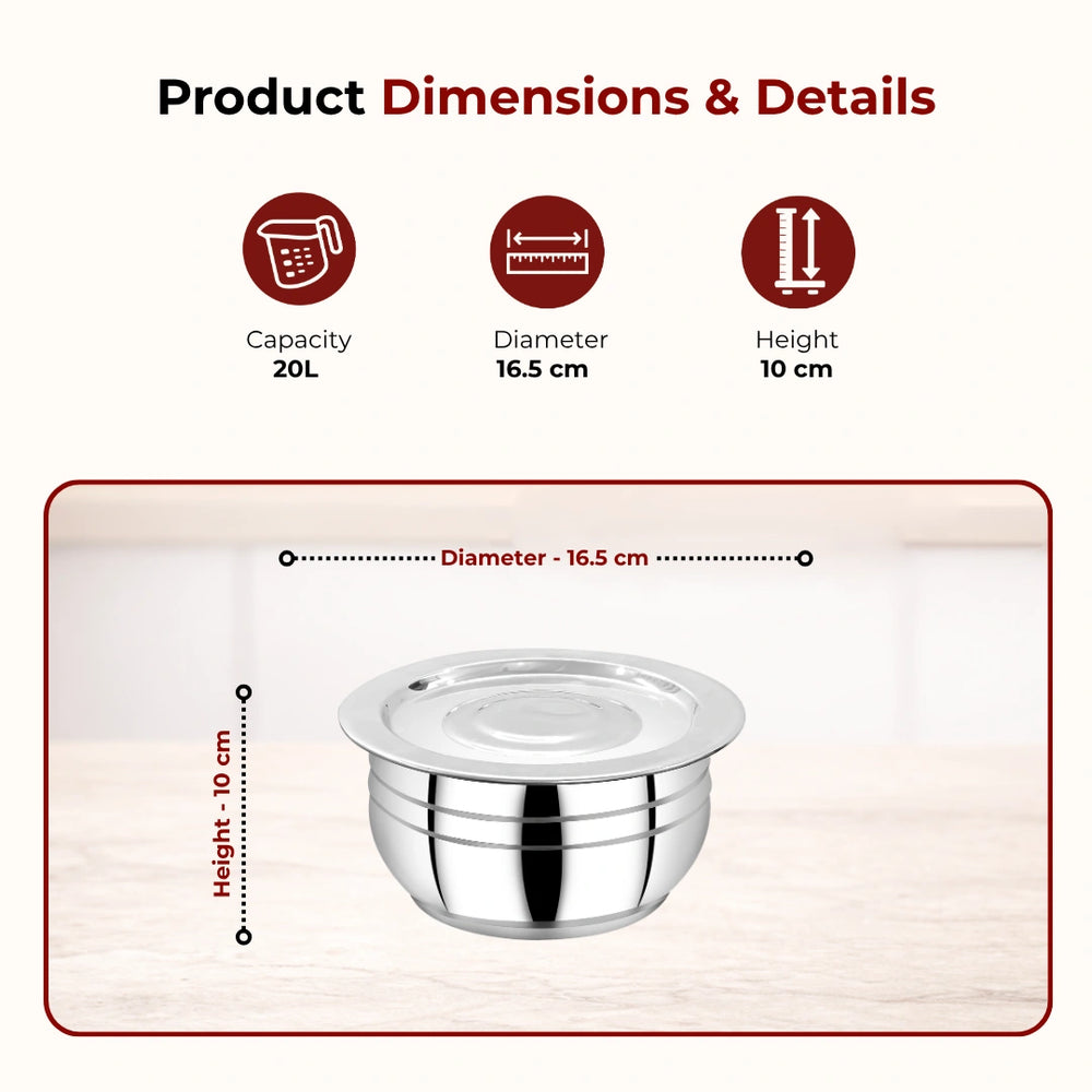Smart Handi set with lid 2 pcs (1.5L & 2L) Stainless Steel Mirror Finish Serving Bowls, Food Grade Steel Curry & Rice Handi, Durable Kitchen Storage & Serving Utensils