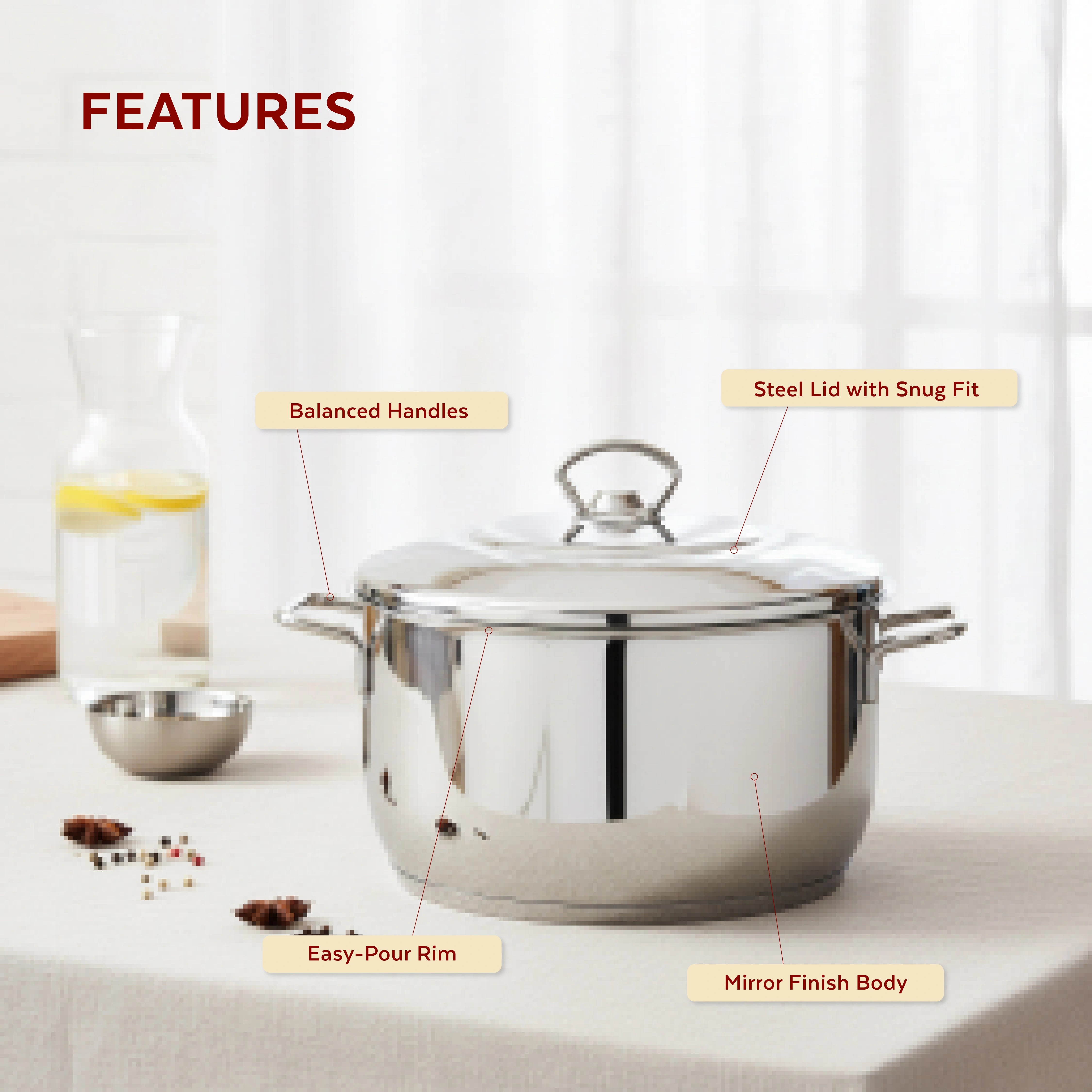 MAHAA Avanti Stainless Steel Cooking / Biryani Pot – Premium Quality with Snug-Fit Lid | Tri Ply Base | Non-stick | Gas & Induction Compatible | Cool-Touch Handle | 1.2L to 11.6L | Free ₹300 SS Water Bottle