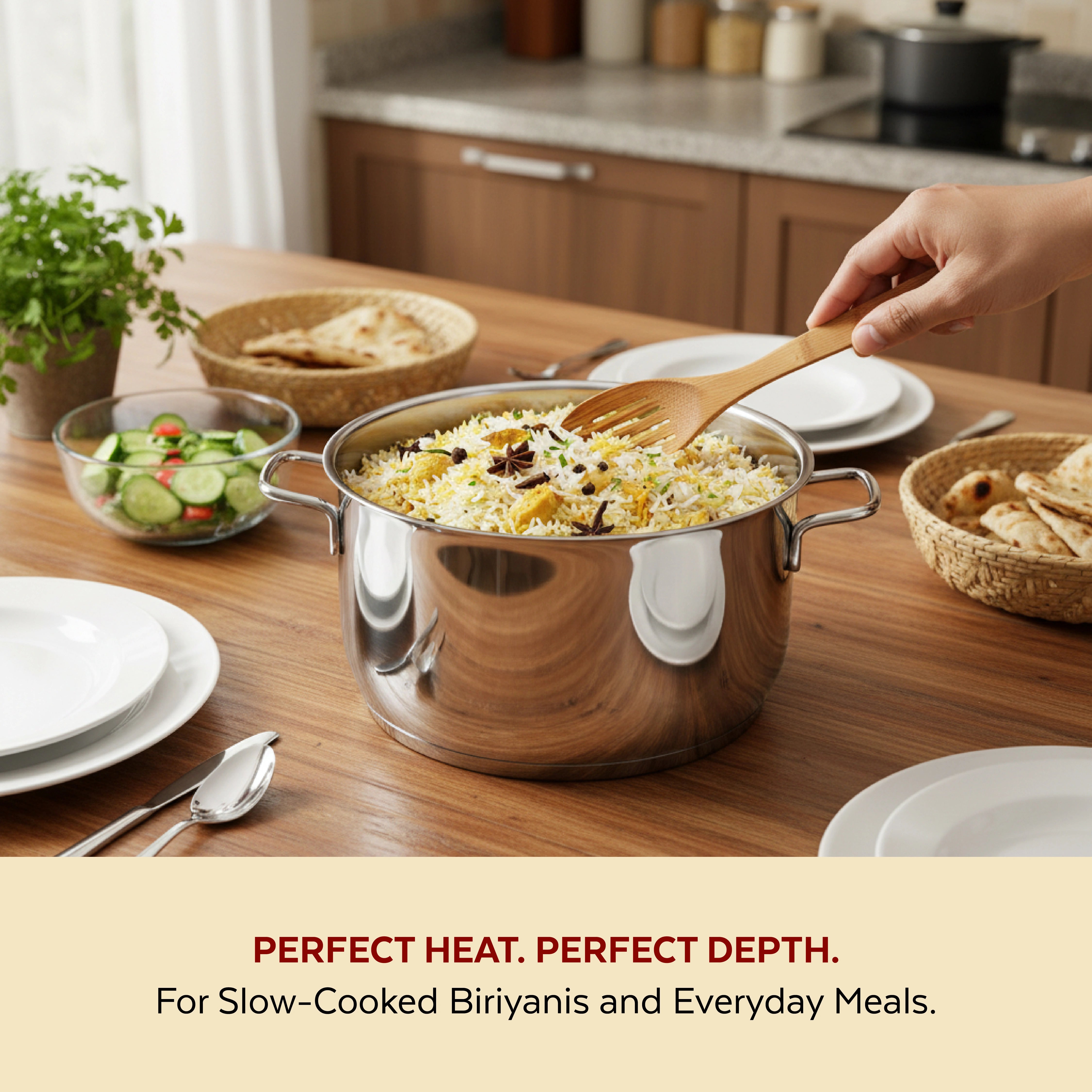 MAHAA Avanti Stainless Steel Cooking / Biryani Pot – Premium Quality with Snug-Fit Lid | Tri Ply Base | Non-stick | Gas & Induction Compatible | Cool-Touch Handle | 1.2L to 11.6L | Free ₹300 SS Water Bottle