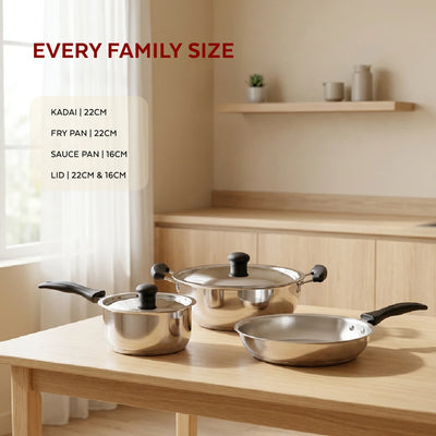 Zen Stainless Steel Cookware 5 Pc Set: Kadai  22 cm + Lid, Tea/Milk Pan 16 cm + Lid, Fry Pan 22 cm, Tri Ply Base, Non-stick, Gas & Induction Compatible, StayCool+ Handle and Knob, Combo Set