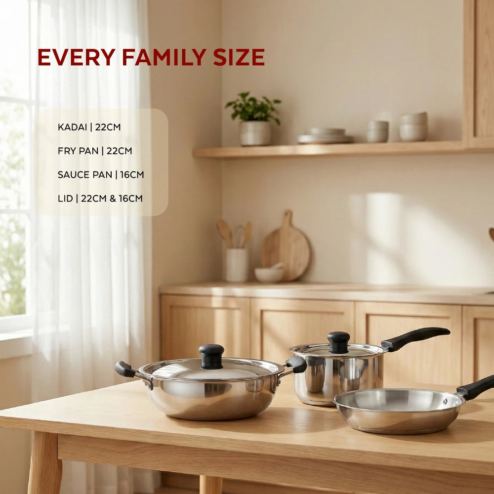 Zen Stainless Steel Cookware 5 Pc Set: Kadai  22 cm + Lid, Tea/Milk Pan 16 cm + Lid, Fry Pan 22 cm, Tri Ply Base, Non-stick, Gas & Induction Compatible, StayCool+ Handle and Knob, Combo Set