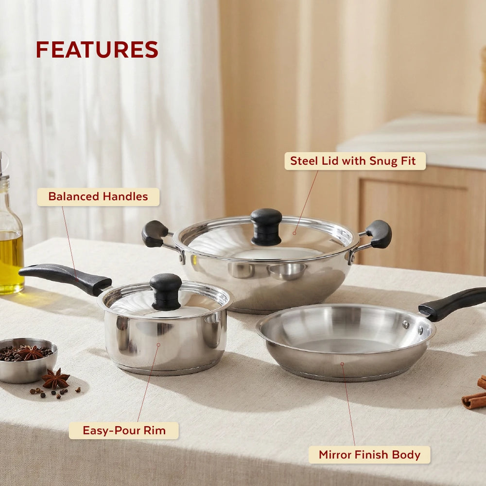 Zen Stainless Steel Cookware 5 Pc Set: Kadai  22 cm + Lid, Tea/Milk Pan 16 cm + Lid, Fry Pan 22 cm, Tri Ply Base, Non-stick, Gas & Induction Compatible, StayCool+ Handle and Knob, Combo Set