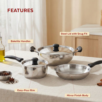 Zen Stainless Steel Cookware 5 Pc Set: Kadai  22 cm + Lid, Tea/Milk Pan 16 cm + Lid, Fry Pan 22 cm, Tri Ply Base, Non-stick, Gas & Induction Compatible, StayCool+ Handle and Knob, Combo Set