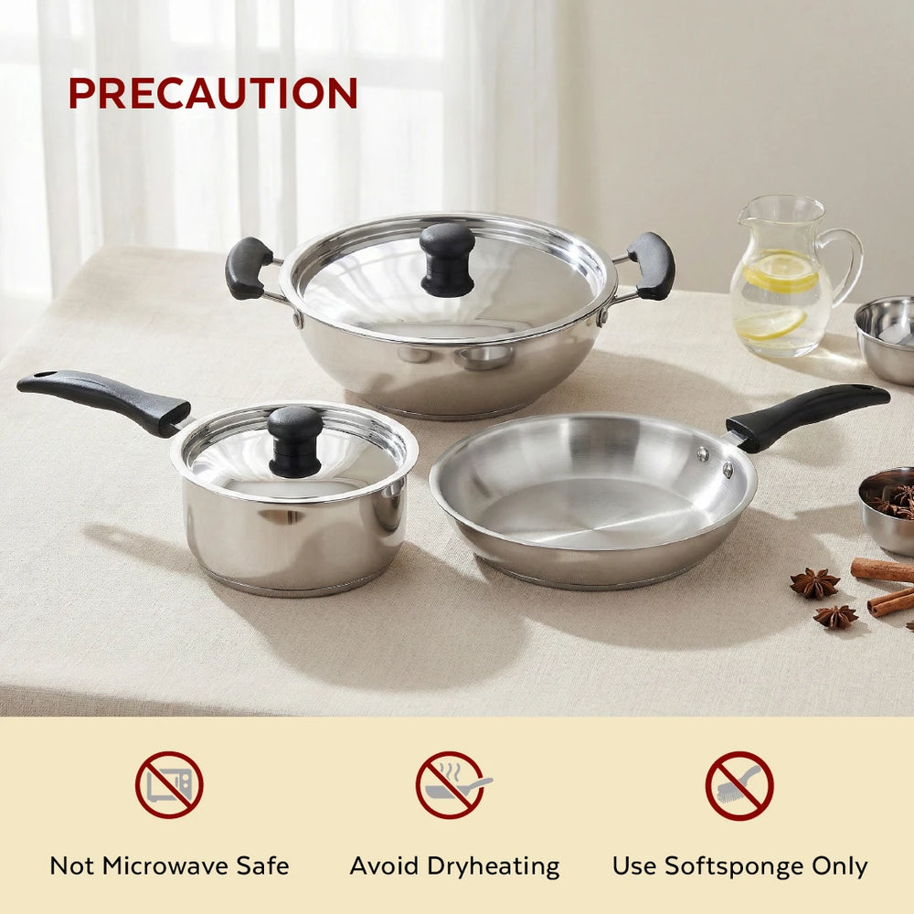 Zen Stainless Steel Cookware 5 Pc Set: Kadai  22 cm + Lid, Tea/Milk Pan 16 cm + Lid, Fry Pan 22 cm, Tri Ply Base, Non-stick, Gas & Induction Compatible, StayCool+ Handle and Knob, Combo Set