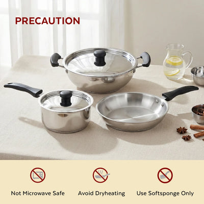 Zen Stainless Steel Cookware 5 Pc Set: Kadai  22 cm + Lid, Tea/Milk Pan 16 cm + Lid, Fry Pan 22 cm, Tri Ply Base, Non-stick, Gas & Induction Compatible, StayCool+ Handle and Knob, Combo Set