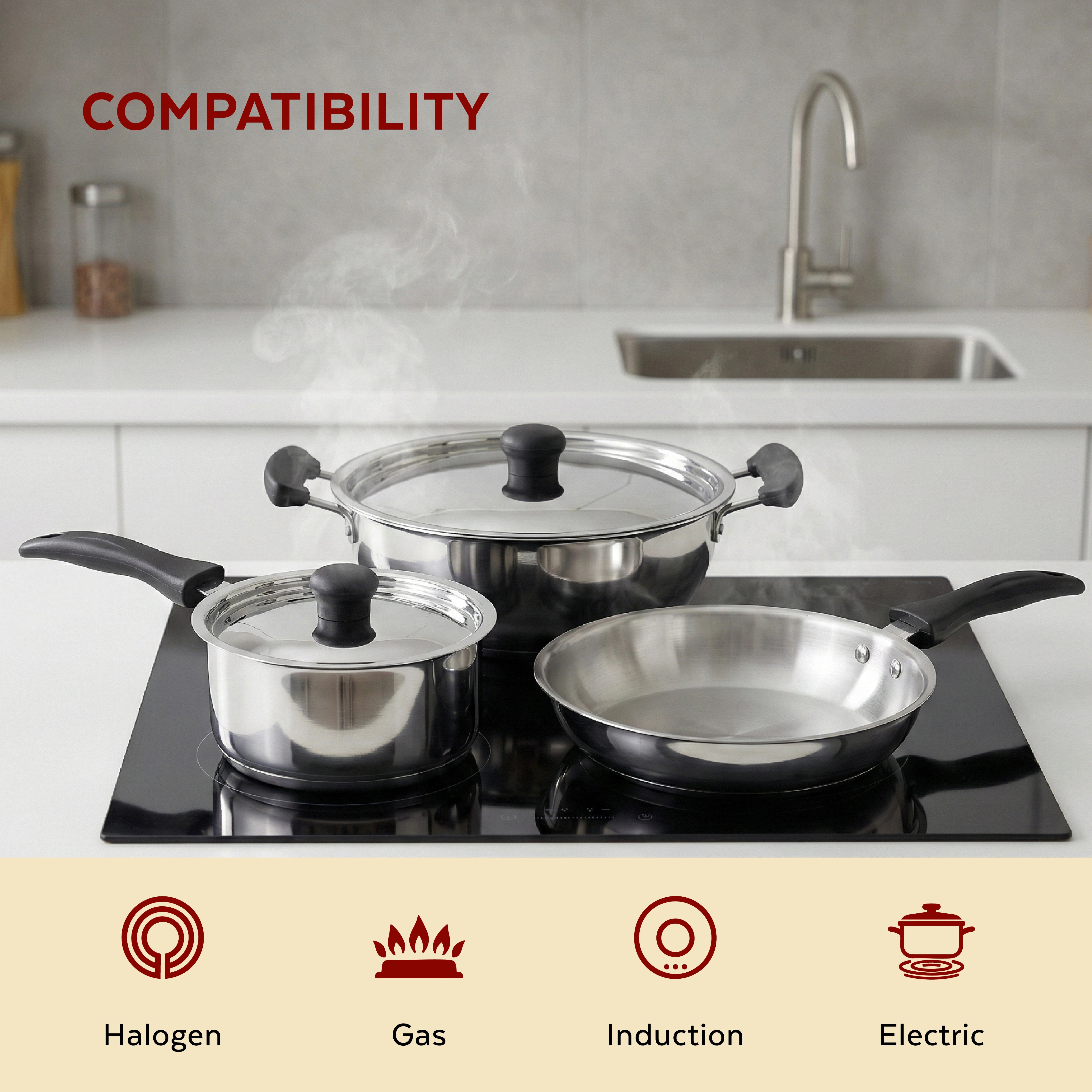 MAHAA Zen Stainless Steel Cookware Combo 5 Pc Set: Kadai  + Lid, Tea/Milk Pan + Lid, Fry Pan | Tri Ply Base | Non-stick | Gas & Induction Compatible | StayCool+ Handle and Knob| Gift Set
