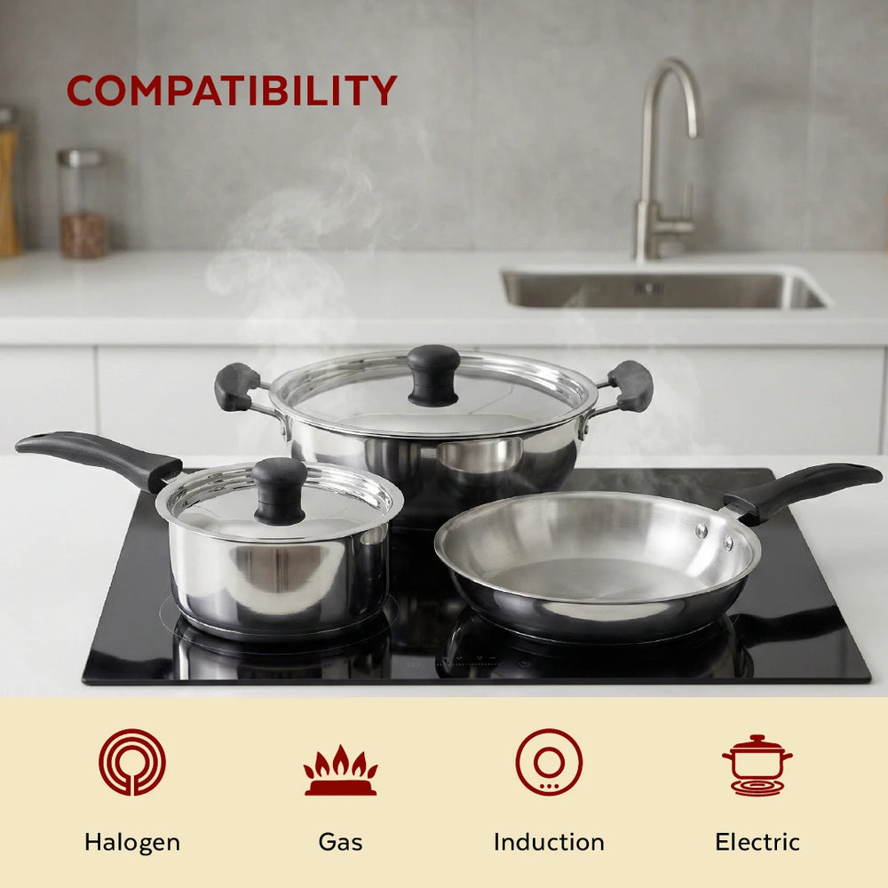 Zen Stainless Steel Cookware 5 Pc Set: Kadai  22 cm + Lid, Tea/Milk Pan 16 cm + Lid, Fry Pan 22 cm, Tri Ply Base, Non-stick, Gas & Induction Compatible, StayCool+ Handle and Knob, Combo Set