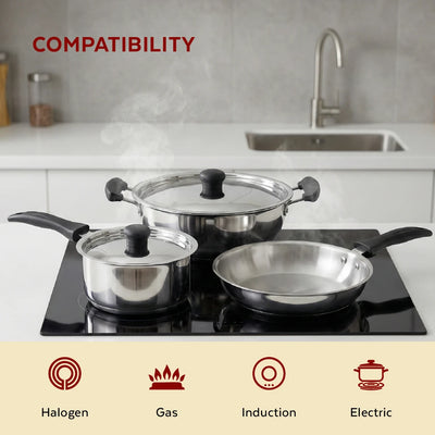 Zen Stainless Steel Cookware 5 Pc Set: Kadai  22 cm + Lid, Tea/Milk Pan 16 cm + Lid, Fry Pan 22 cm, Tri Ply Base, Non-stick, Gas & Induction Compatible, StayCool+ Handle and Knob, Combo Set
