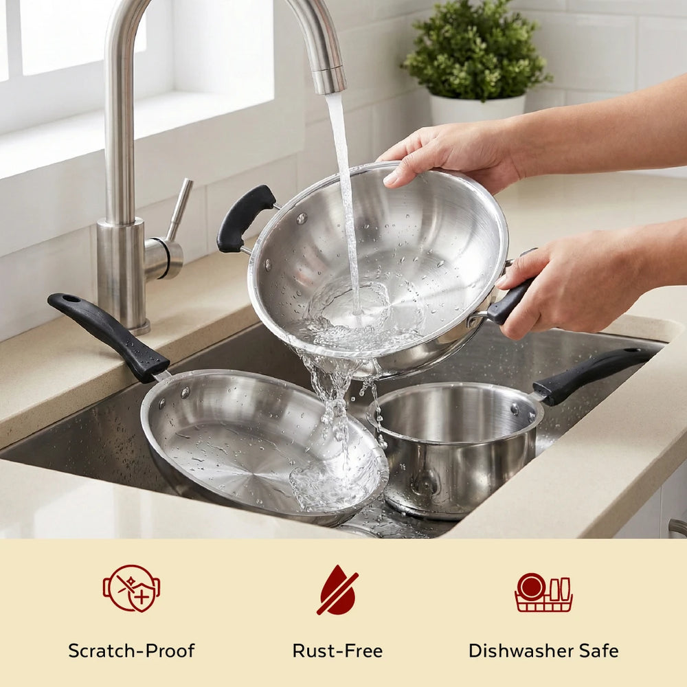 Zen Stainless Steel Cookware 5 Pc Set: Kadai  22 cm + Lid, Tea/Milk Pan 16 cm + Lid, Fry Pan 22 cm, Tri Ply Base, Non-stick, Gas & Induction Compatible, StayCool+ Handle and Knob, Combo Set