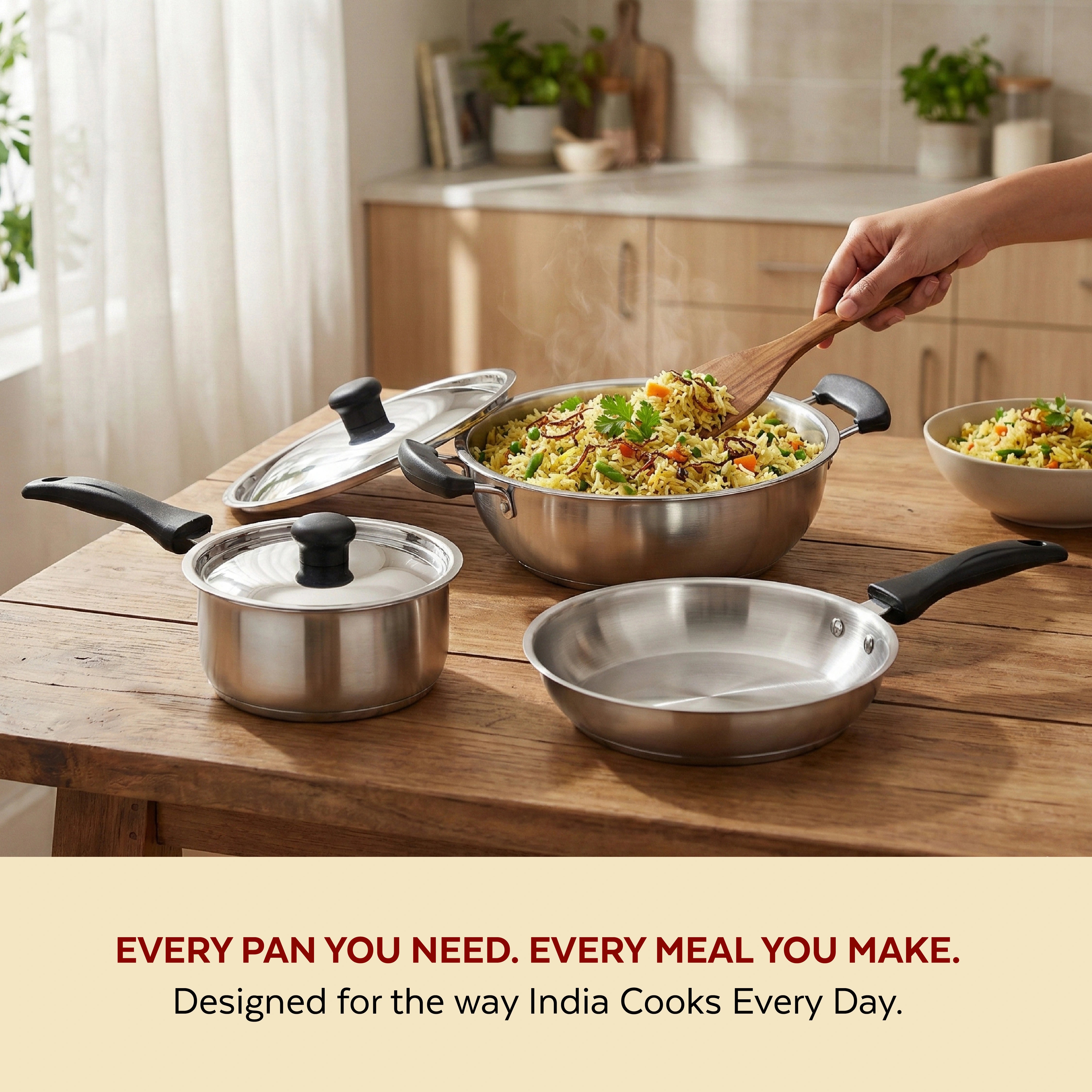 MAHAA Zen Stainless Steel Cookware Combo 5 Pc Set: Kadai  + Lid, Tea/Milk Pan + Lid, Fry Pan | Tri Ply Base | Non-stick | Gas & Induction Compatible | StayCool+ Handle and Knob| Gift Set