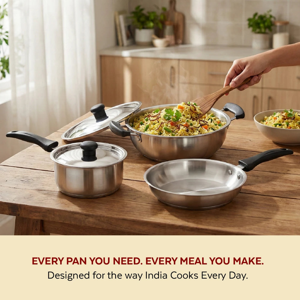 Zen Stainless Steel Cookware 5 Pc Set: Kadai  22 cm + Lid, Tea/Milk Pan 16 cm + Lid, Fry Pan 22 cm, Tri Ply Base, Non-stick, Gas & Induction Compatible, StayCool+ Handle and Knob, Combo Set