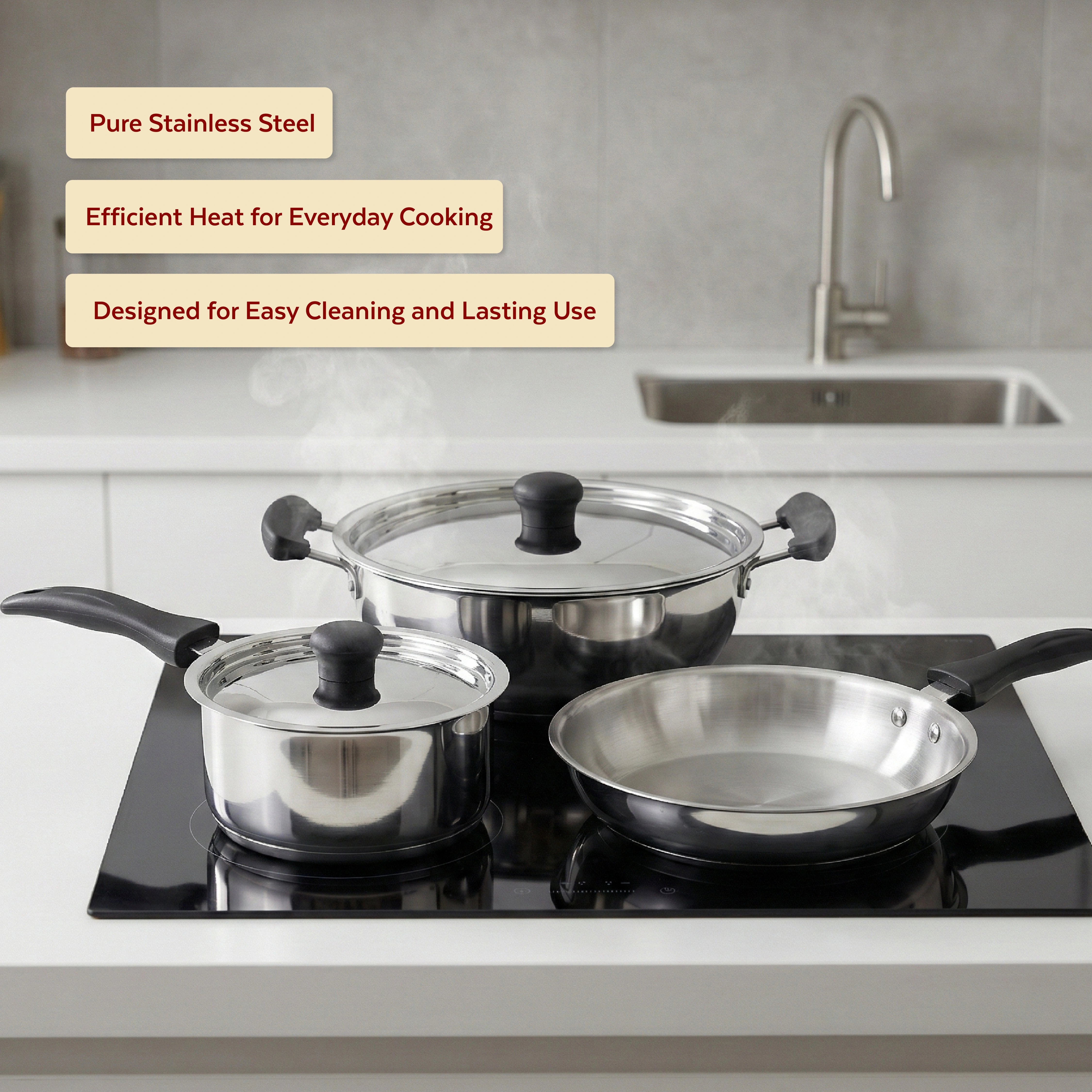 MAHAA Zen Stainless Steel Cookware Combo 5 Pc Set: Kadai  + Lid, Tea/Milk Pan + Lid, Fry Pan | Tri Ply Base | Non-stick | Gas & Induction Compatible | StayCool+ Handle and Knob| Gift Set