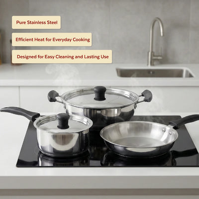 Zen Stainless Steel Cookware 5 Pc Set: Kadai  22 cm + Lid, Tea/Milk Pan 16 cm + Lid, Fry Pan 22 cm, Tri Ply Base, Non-stick, Gas & Induction Compatible, StayCool+ Handle and Knob, Combo Set