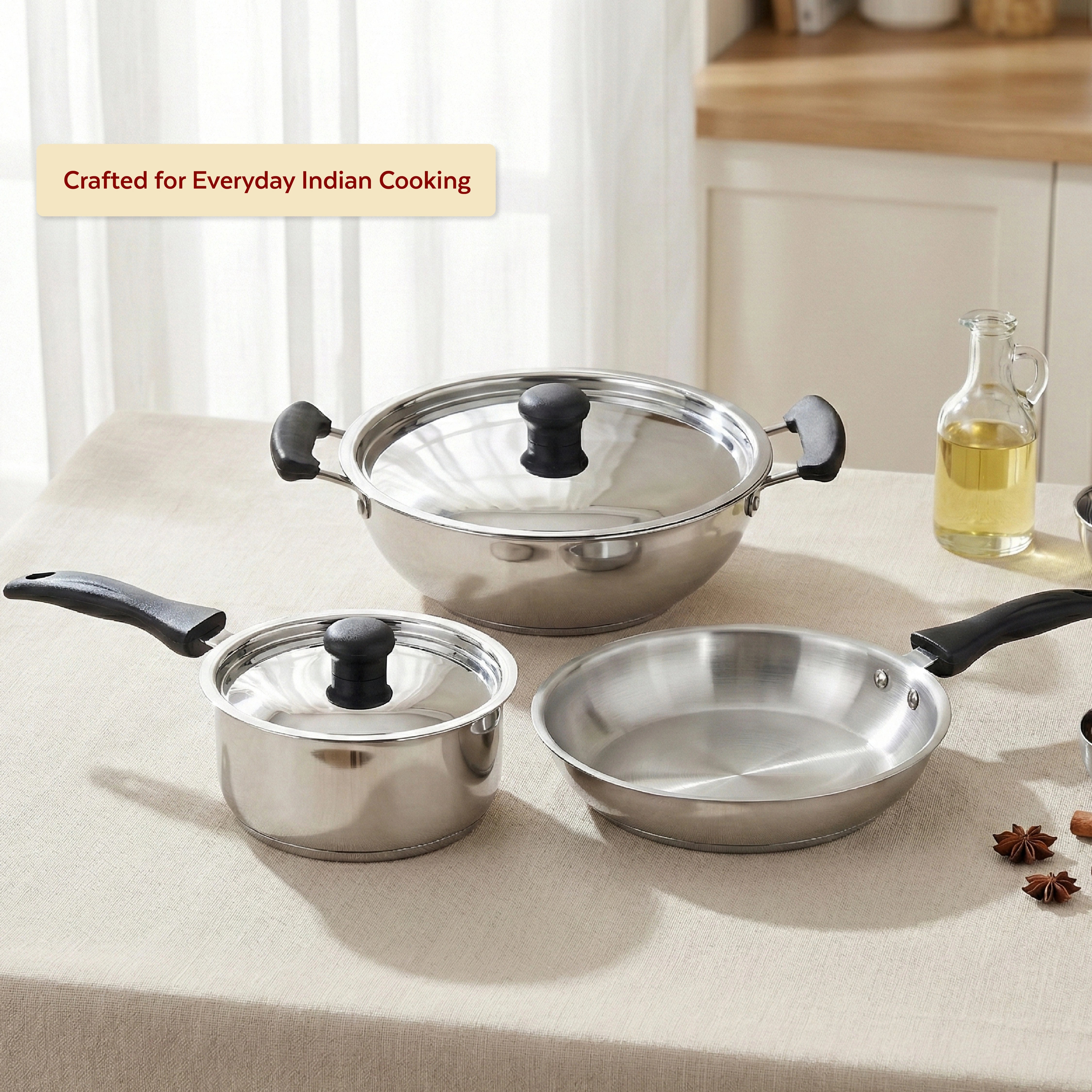 MAHAA Zen Stainless Steel Cookware Combo 5 Pc Set: Kadai  + Lid, Tea/Milk Pan + Lid, Fry Pan | Tri Ply Base | Non-stick | Gas & Induction Compatible | StayCool+ Handle and Knob| Gift Set