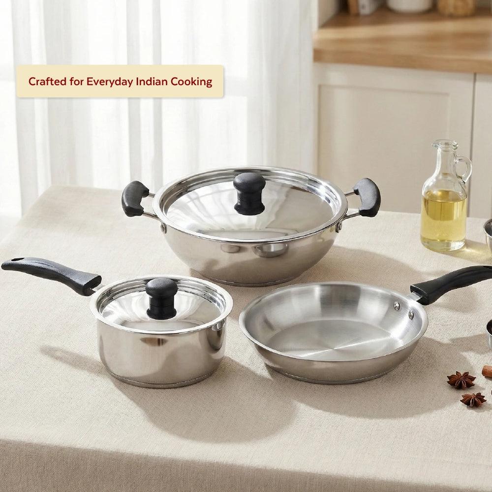 Zen Stainless Steel Cookware 5 Pc Set: Kadai  22 cm + Lid, Tea/Milk Pan 16 cm + Lid, Fry Pan 22 cm, Tri Ply Base, Non-stick, Gas & Induction Compatible, StayCool+ Handle and Knob, Combo Set