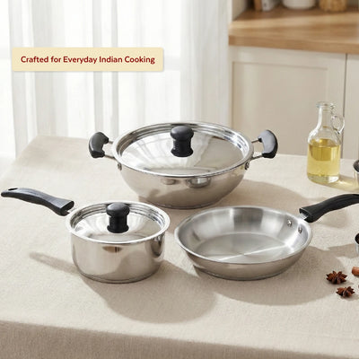 Zen Stainless Steel Cookware 5 Pc Set: Kadai  22 cm + Lid, Tea/Milk Pan 16 cm + Lid, Fry Pan 22 cm, Tri Ply Base, Non-stick, Gas & Induction Compatible, StayCool+ Handle and Knob, Combo Set