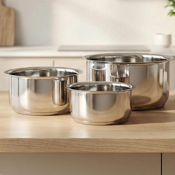 Avanti Stainless Steel Tope 3 Pc Set, Premium Quality, Multipurpose Cook & Serve Handi, Tri Ply Base, Non-stick, Gas & Induction Compatible, 12 cm + 14 cm + 16 cm