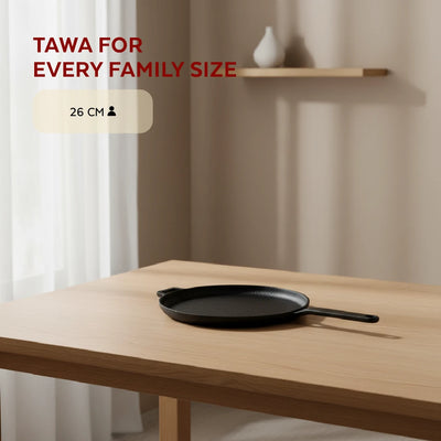 Cast Iron Flat Tawa 26 cm, Long Handle, Pre-Seasoned Traditional Pure Iron Tawa, Even Heating, Gas & Induction Compatible