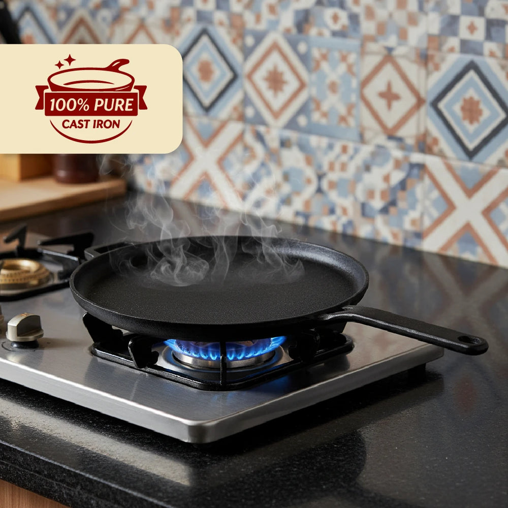 Cast Iron Flat Tawa 26 cm, Long Handle, Pre-Seasoned Traditional Pure Iron Tawa, Even Heating, Gas & Induction Compatible