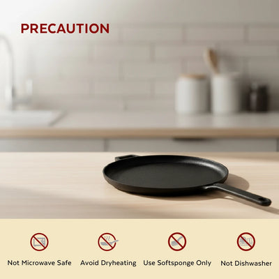 Cast Iron Flat Tawa 26 cm, Long Handle, Pre-Seasoned Traditional Pure Iron Tawa, Even Heating, Gas & Induction Compatible
