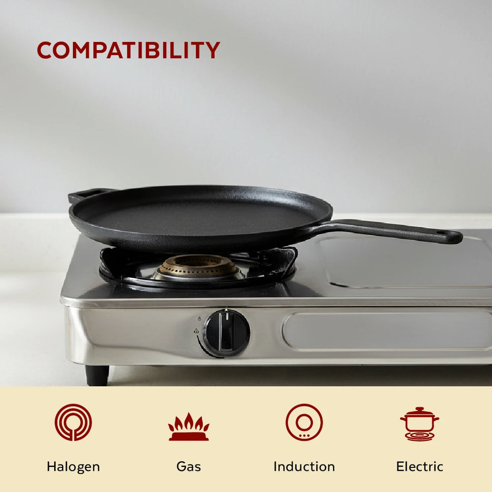Cast Iron Flat Tawa 26 cm, Long Handle, Pre-Seasoned Traditional Pure Iron Tawa, Even Heating, Gas & Induction Compatible
