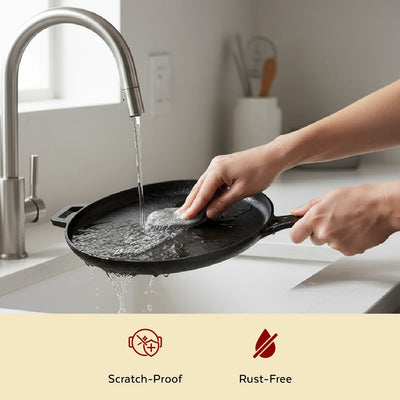 Cast Iron Flat Tawa 26 cm, Long Handle, Pre-Seasoned Traditional Pure Iron Tawa, Even Heating, Gas & Induction Compatible