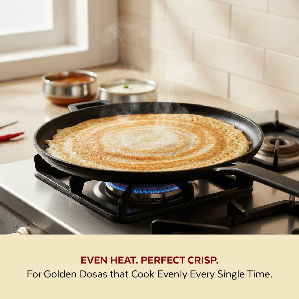 Cast Iron Flat Tawa 26 cm, Long Handle, Pre-Seasoned Traditional Pure Iron Tawa, Even Heating, Gas & Induction Compatible