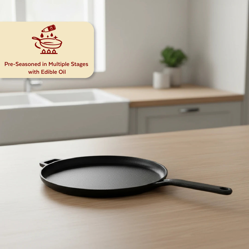 Cast Iron Flat Tawa 26 cm, Long Handle, Pre-Seasoned Traditional Pure Iron Tawa, Even Heating, Gas & Induction Compatible