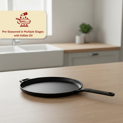 Cast Iron Flat Tawa 26 cm, Long Handle, Pre-Seasoned Traditional Pure Iron Tawa, Even Heating, Gas & Induction Compatible