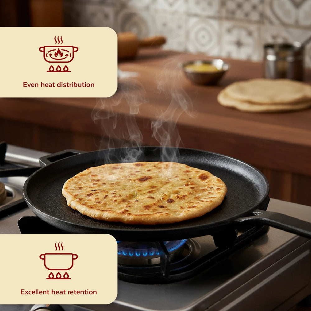 Cast Iron Flat Tawa 26 cm, Long Handle, Pre-Seasoned Traditional Pure Iron Tawa, Even Heating, Gas & Induction Compatible