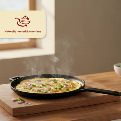 Cast Iron Flat Tawa 26 cm, Long Handle, Pre-Seasoned Traditional Pure Iron Tawa, Even Heating, Gas & Induction Compatible