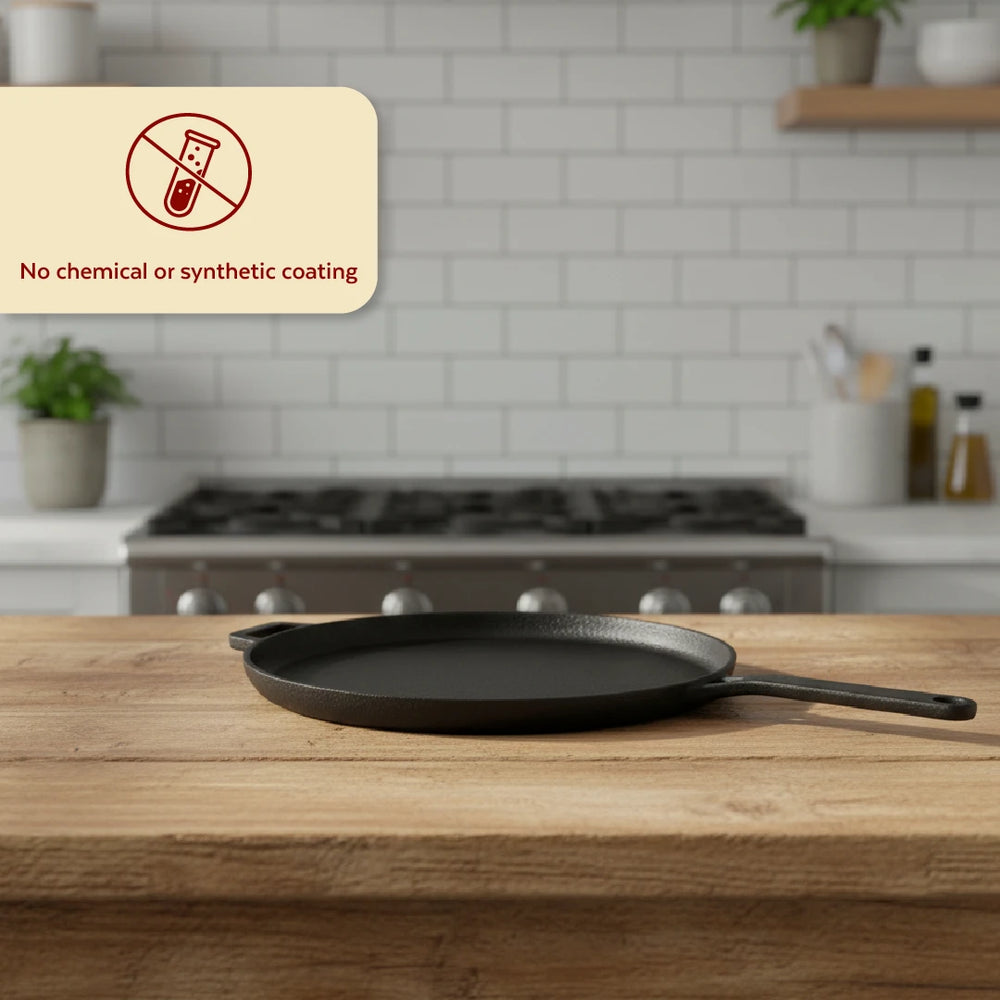 Cast Iron Flat Tawa 26 cm, Long Handle, Pre-Seasoned Traditional Pure Iron Tawa, Even Heating, Gas & Induction Compatible
