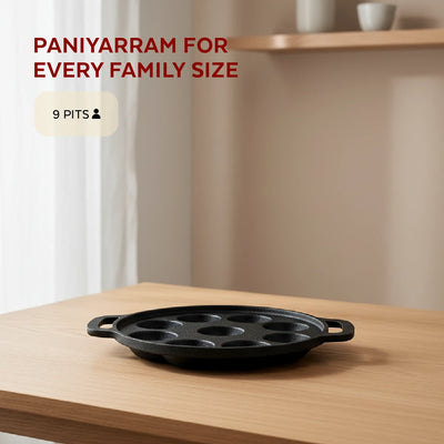 Cast Iron Paniyarram Pan 9 Pits, Pre-Seasoned Traditional Pure Iron Pan, Even Heating, Gas & Induction Compatible