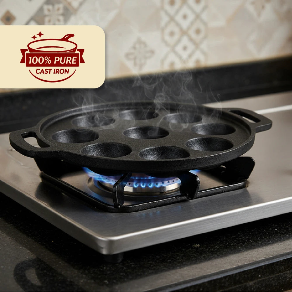Cast Iron Paniyarram Pan 9 Pits, Pre-Seasoned Traditional Pure Iron Pan, Even Heating, Gas & Induction Compatible