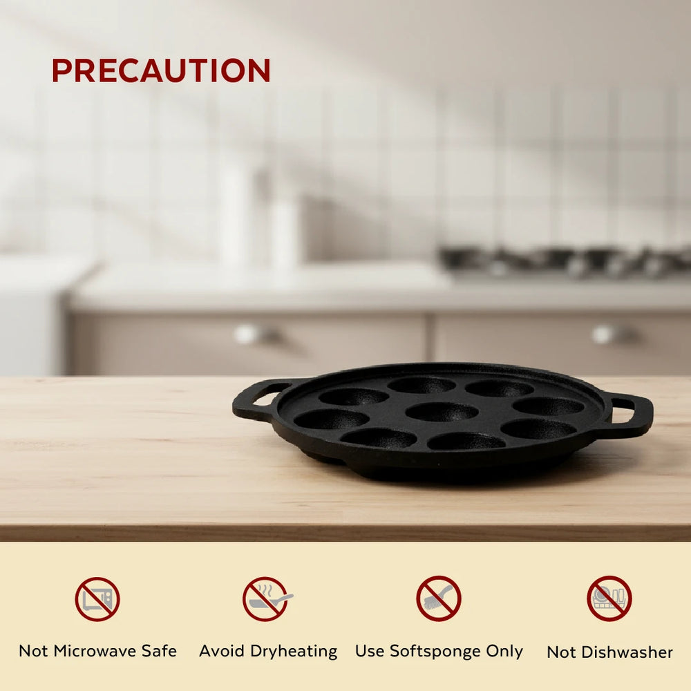 Cast Iron Paniyarram Pan 9 Pits, Pre-Seasoned Traditional Pure Iron Pan, Even Heating, Gas & Induction Compatible