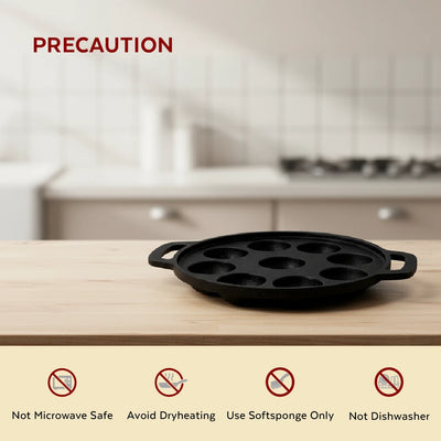 Cast Iron Paniyarram Pan 9 Pits, Pre-Seasoned Traditional Pure Iron Pan, Even Heating, Gas & Induction Compatible