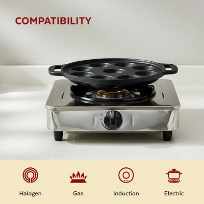 Cast Iron Paniyarram Pan 9 Pits, Pre-Seasoned Traditional Pure Iron Pan, Even Heating, Gas & Induction Compatible