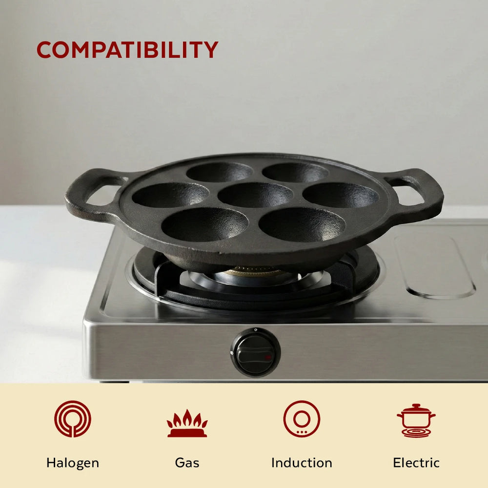 Cast Iron Paniyarram Pan 7 Pits, Pre-Seasoned Traditional Pure Iron Pan, Even Heating, Gas & Induction Compatible