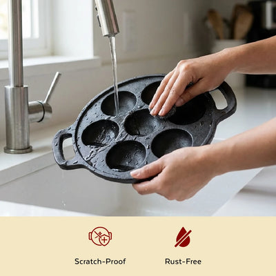 Cast Iron Paniyarram Pan 7 Pits, Pre-Seasoned Traditional Pure Iron Pan, Even Heating, Gas & Induction Compatible