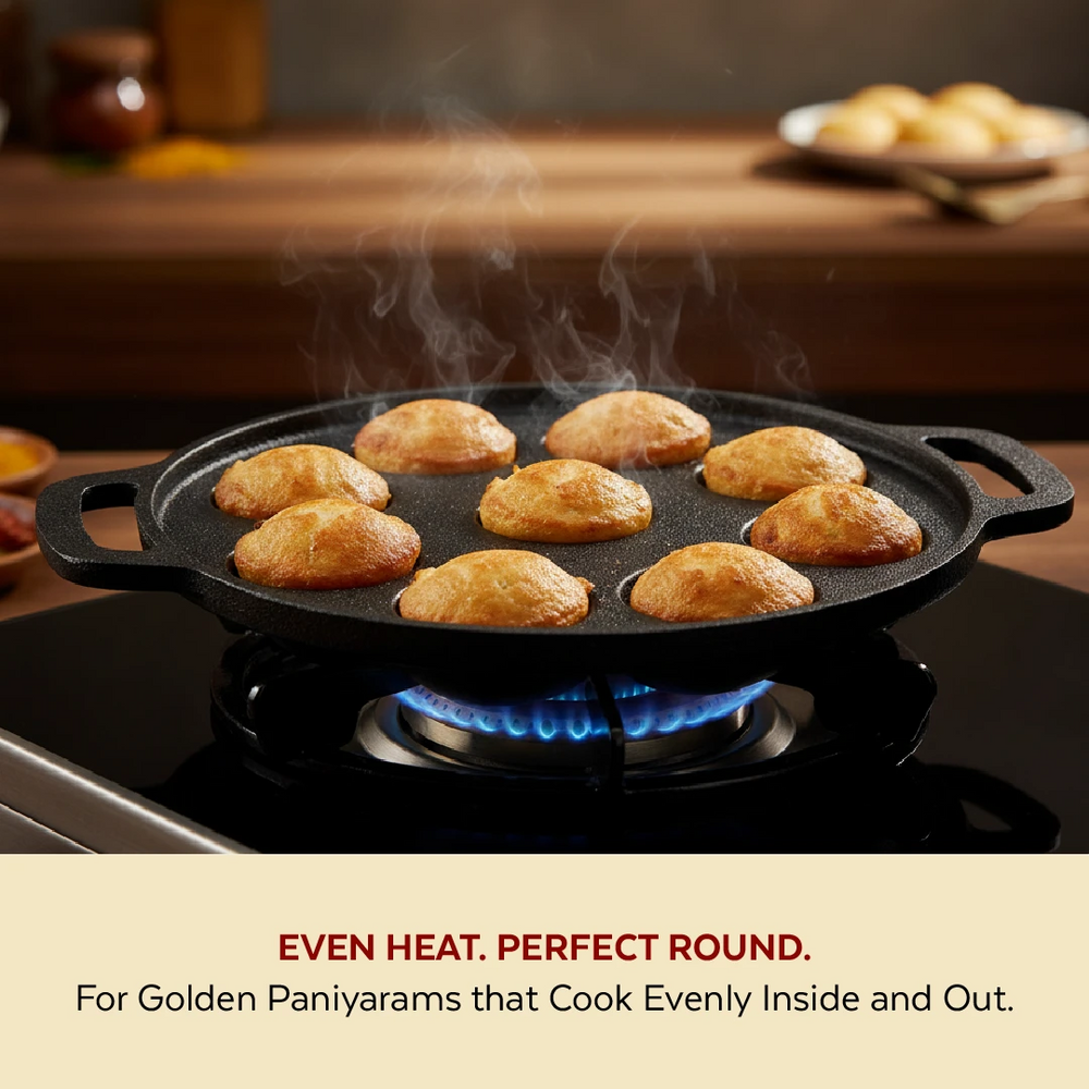 Cast Iron Paniyarram Pan 9 Pits, Pre-Seasoned Traditional Pure Iron Pan, Even Heating, Gas & Induction Compatible