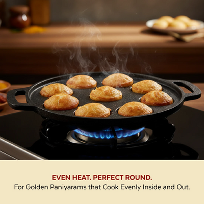 Cast Iron Paniyarram Pan 9 Pits, Pre-Seasoned Traditional Pure Iron Pan, Even Heating, Gas & Induction Compatible