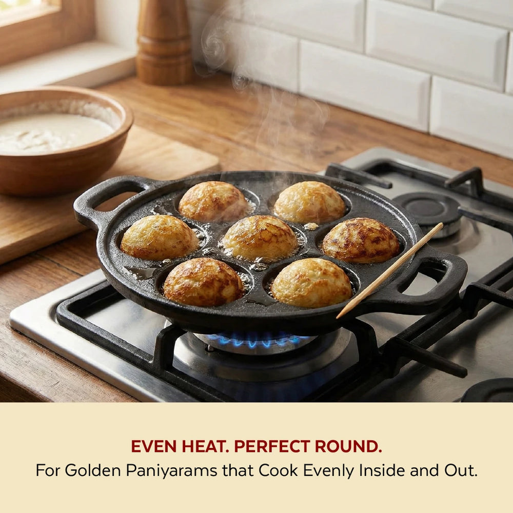 Cast Iron Paniyarram Pan 7 Pits, Pre-Seasoned Traditional Pure Iron Pan, Even Heating, Gas & Induction Compatible