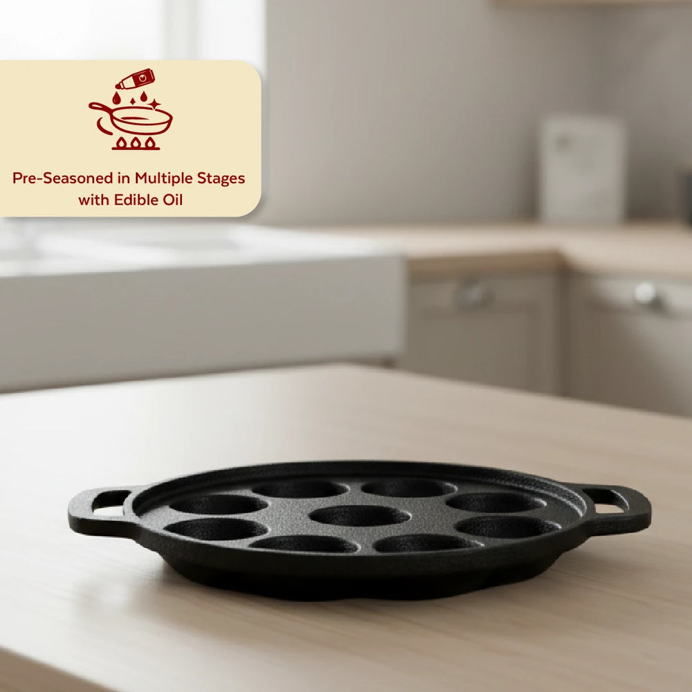Cast Iron Paniyarram Pan 9 Pits, Pre-Seasoned Traditional Pure Iron Pan, Even Heating, Gas & Induction Compatible