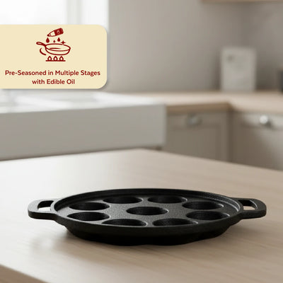 Cast Iron Paniyarram Pan 9 Pits, Pre-Seasoned Traditional Pure Iron Pan, Even Heating, Gas & Induction Compatible